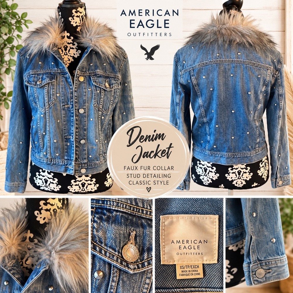 American Eagle Studded Denim Jacket Faux Fur Collar Western Y2K XS Medium Wash
